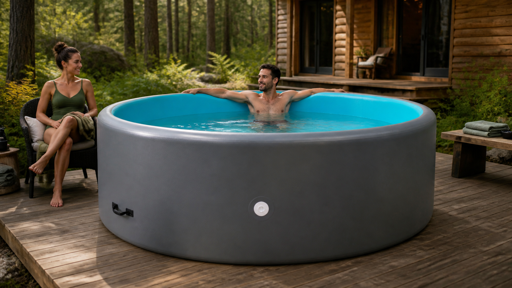 Round QLY inflatable pool beside a forest cabin