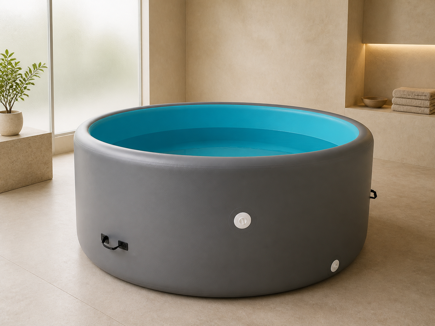 Round QLY inflatable pool in a calm indoor wellness room
