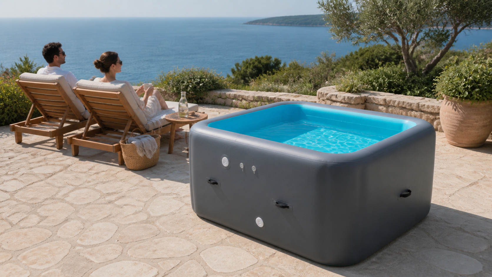 Square QLY inflatable pool on a coastal villa terrace