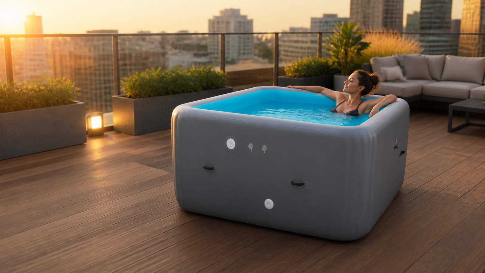 Square QLY inflatable pool on an urban rooftop at sunset