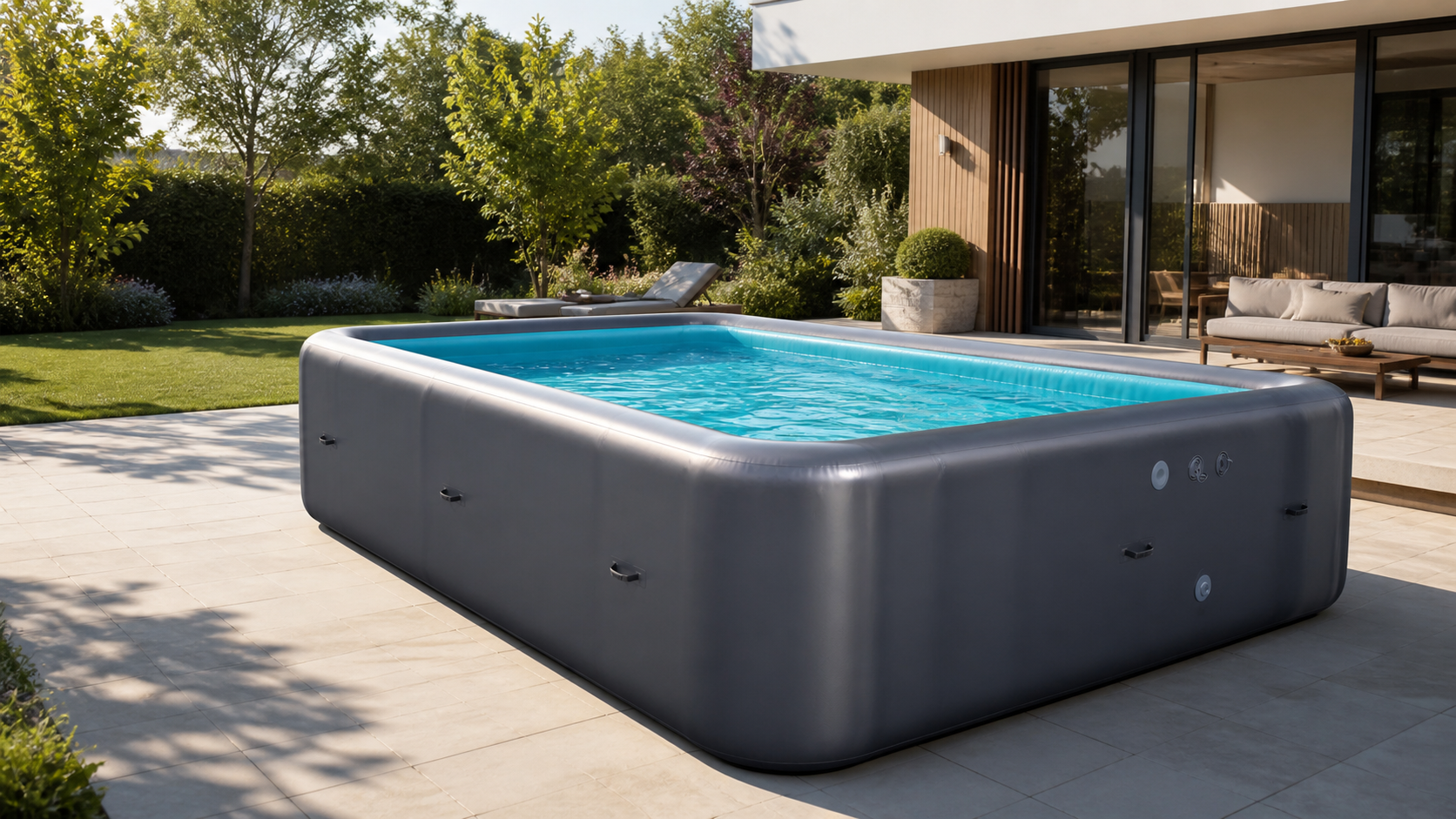 Large charcoal gray rectangular inflatable swimming pool in a modern garden