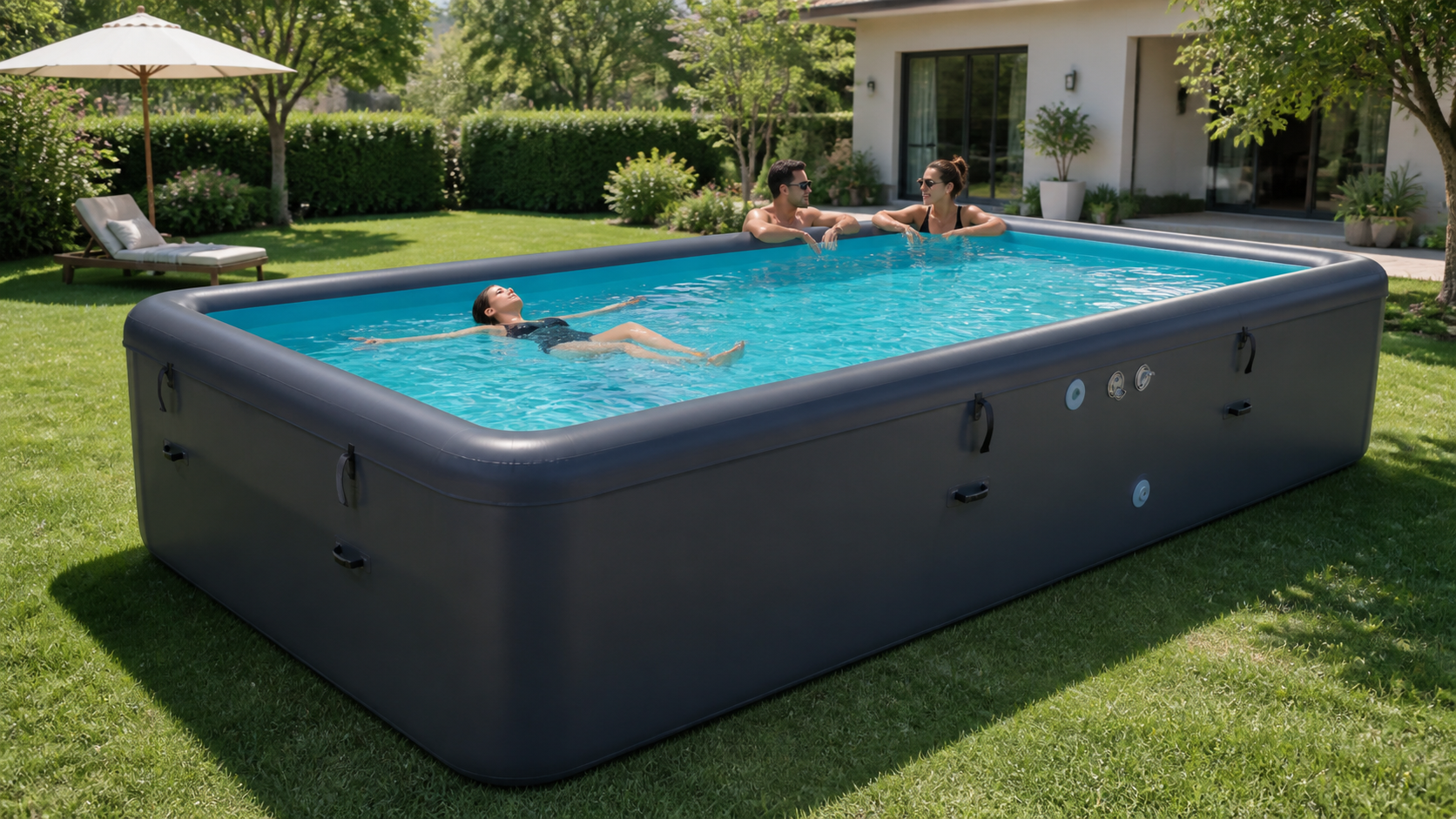 Adults relaxing in a large inflatable pool in a backyard